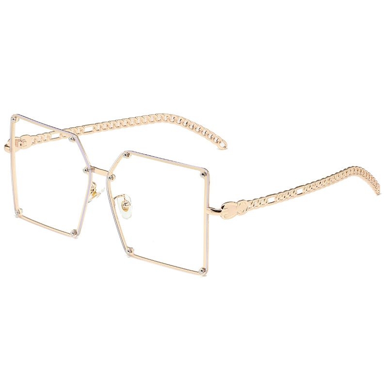 Oversized Square Frame Sunglasses - Rivet Detailing With Chain Temples For Street Style Photography_viptrois.com