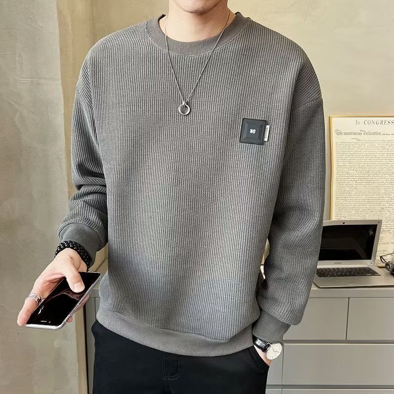 Waffle hoodie for boys in spring and autumn, trendy round neck, autumn outfit, base shirt, T-shirt, casual men's clothing_viptrois.com