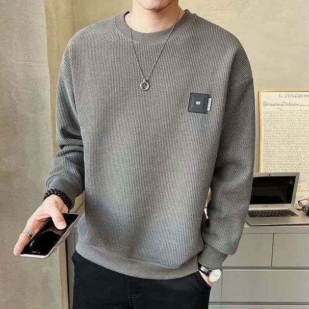 Waffle hoodie for boys in spring and autumn, trendy round neck, autumn outfit, base shirt, T-shirt, casual men's clothing_viptrois.com