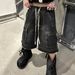 Men's Clothing High Street Washed Distressed Ash Multi Pocket Straight Shorts Drawstring Raw Edge Loose Denim Zipper Work Shorts_viptrois.com