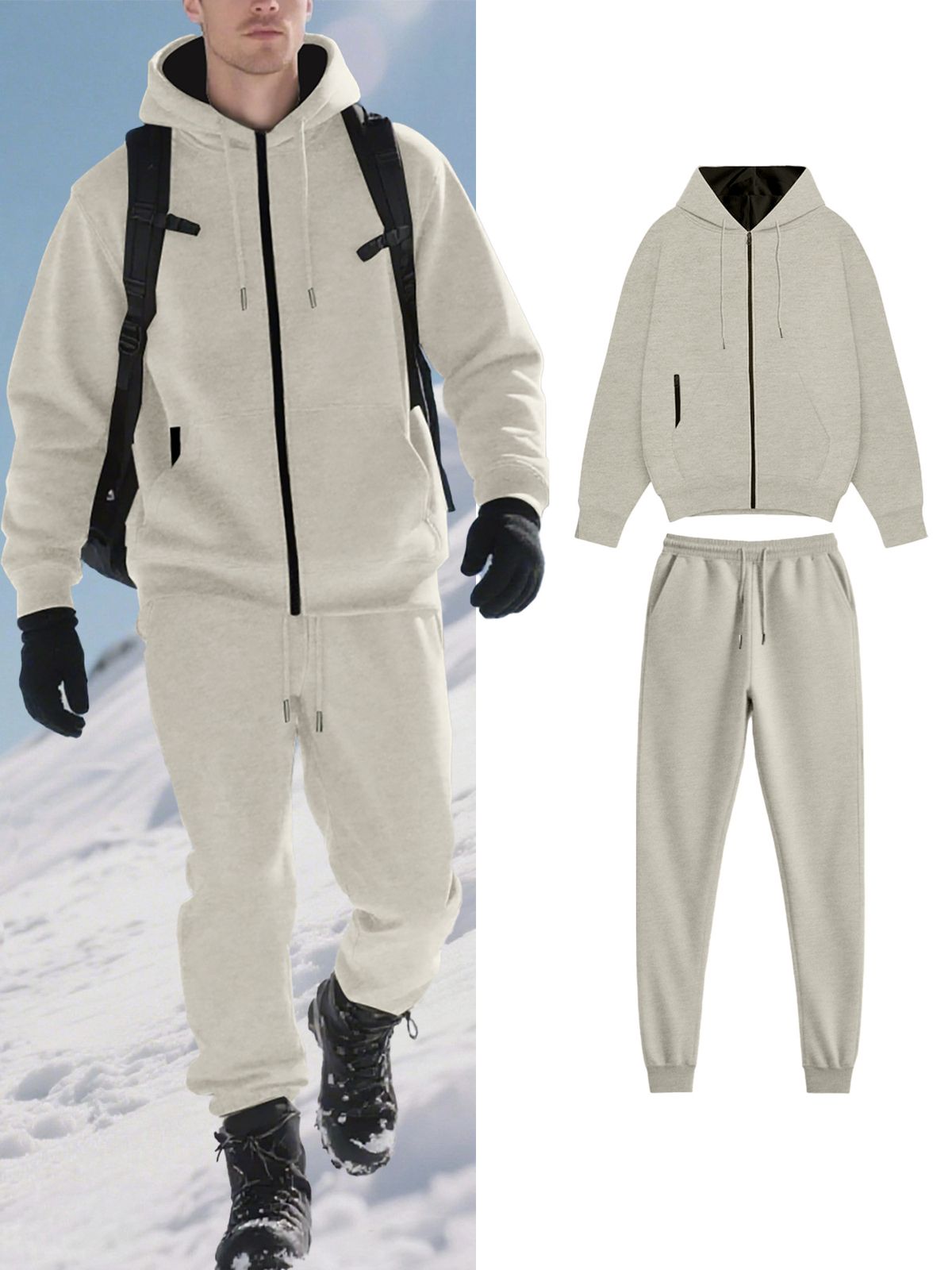 Men's Fleece Hooded Zip-up Jacket & Jogger Pants Set - Winter Warm Pullover Tracksuit For Casual & Sports (Black, Dark Grey, Khaki, Army Green)_viptrois.com