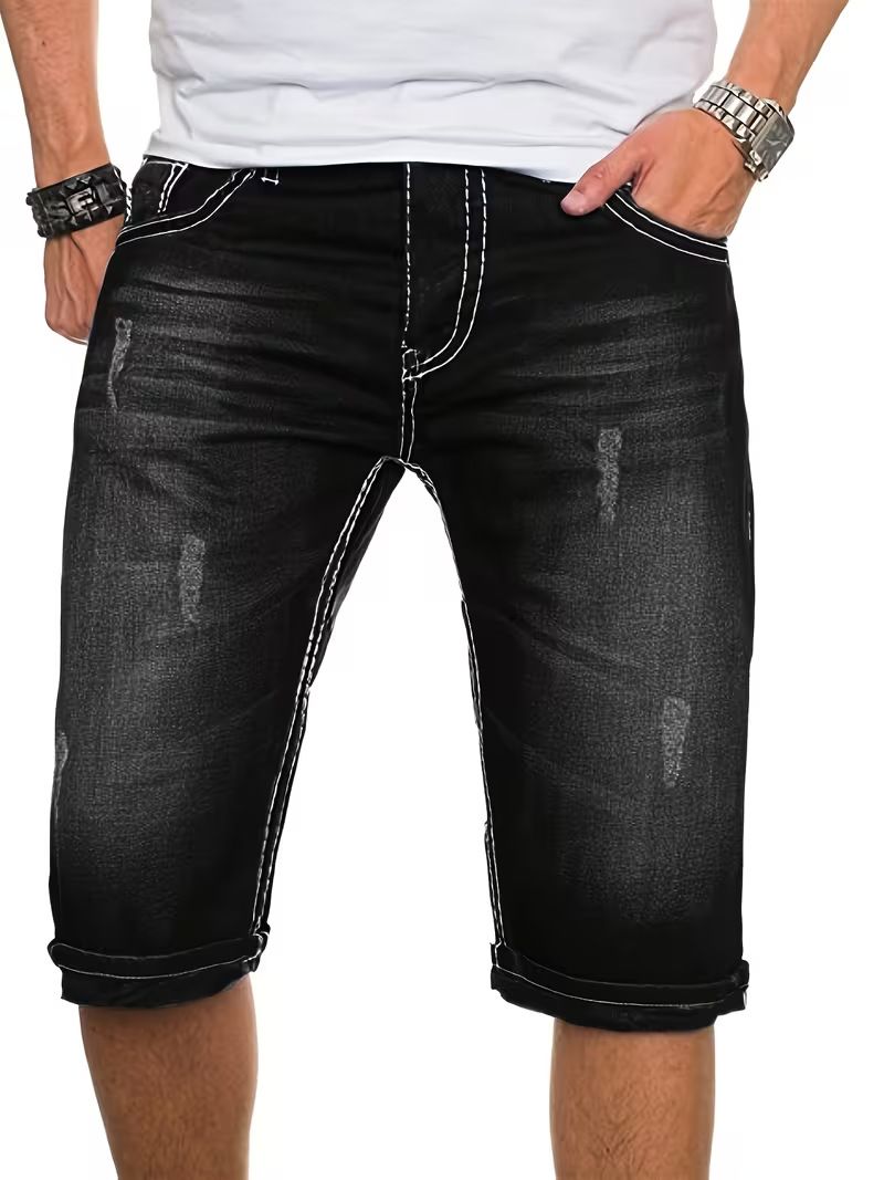 Men's Slim Fit Denim Shorts Trendy Style With Whiskers Casual Washed Five Point Pants Style_viptrois.com