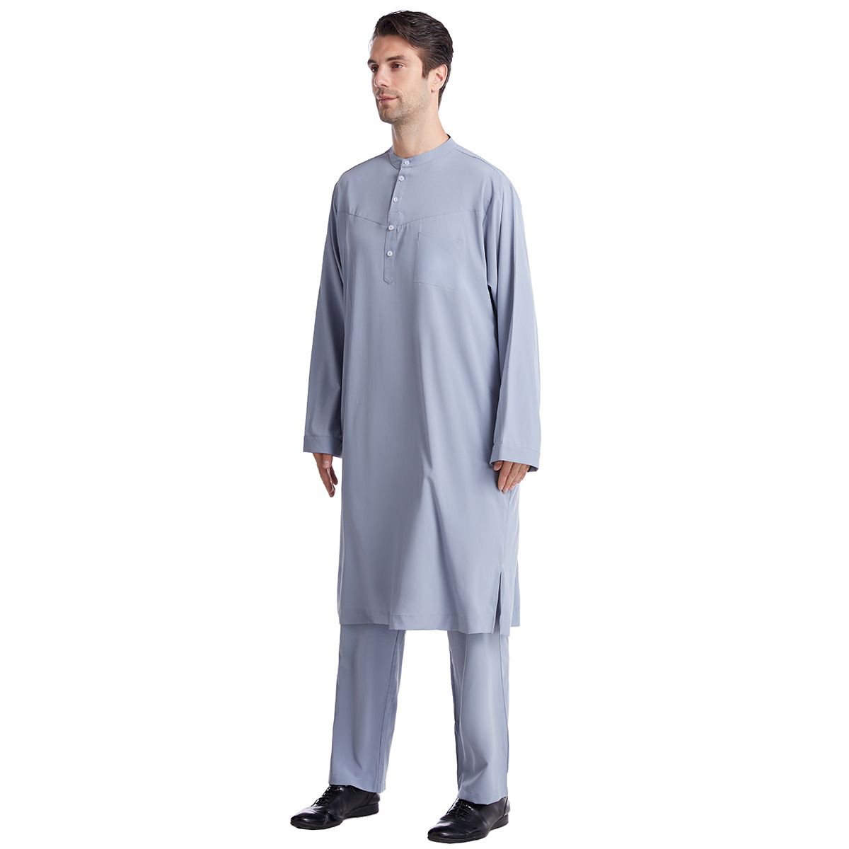 Traditional Thobe Set - Long Sleeve Button-Up Kaftan With Classic Collar, Comfortable Polyester Blend For Men_viptrois.com