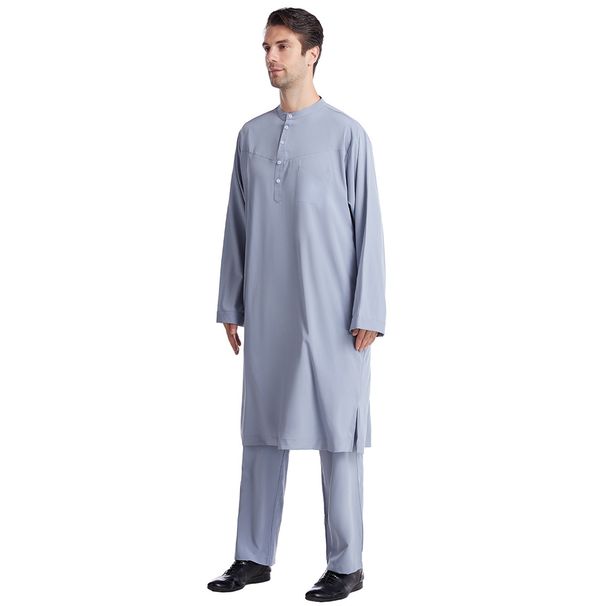 Traditional Thobe Set - Long Sleeve Button-Up Kaftan With Classic Collar, Comfortable Polyester Blend For Men_viptrois.com