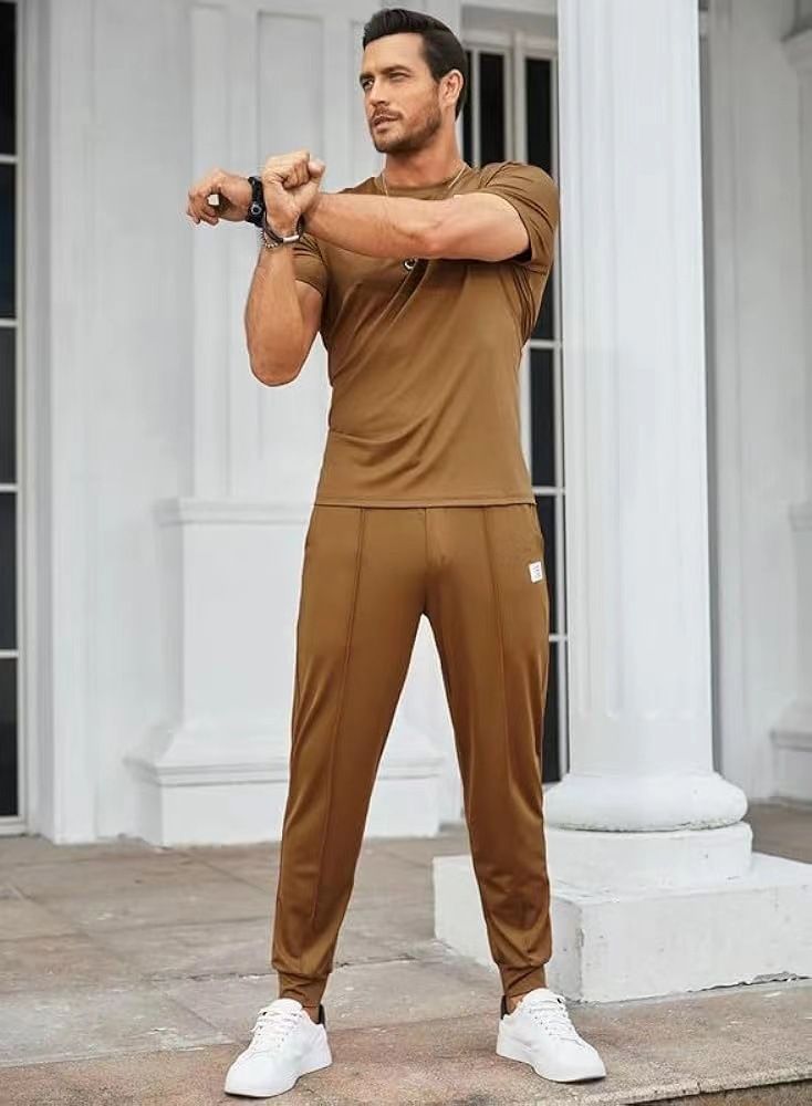 Men's Performance Two-Piece Set - Moisture-Wicking T-Shirt & Jogger Pants (S-XXXL) | Slim Fit Gym Essentials In 5 Colors (Black/Khaki/Olive)_viptrois.com