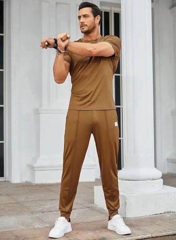 Men's Performance Two-Piece Set - Moisture-Wicking T-Shirt & Jogger Pants (S-XXXL) | Slim Fit Gym Essentials In 5 Colors (Black/Khaki/Olive)_viptrois.com