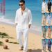 Breathable Linen Blend Shirt And Pants Set For Men Relaxed Fit Casual Linen Outfit Comfortable Long Sleeve Shirt With Turn-Down Collar_viptrois.com