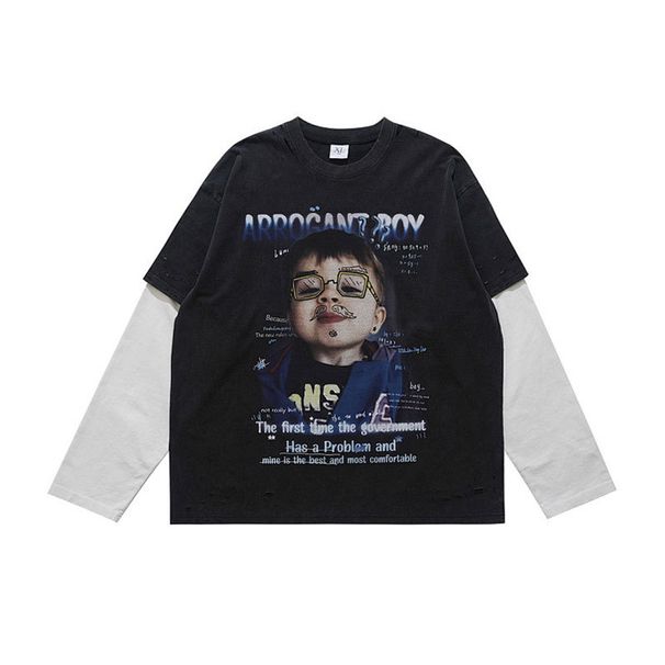 Trendy Hip-hop Washed Vintage Portrait Parody Print Patchwork Long-sleeve T-shirt For Spring And Autumn High_viptrois.com
