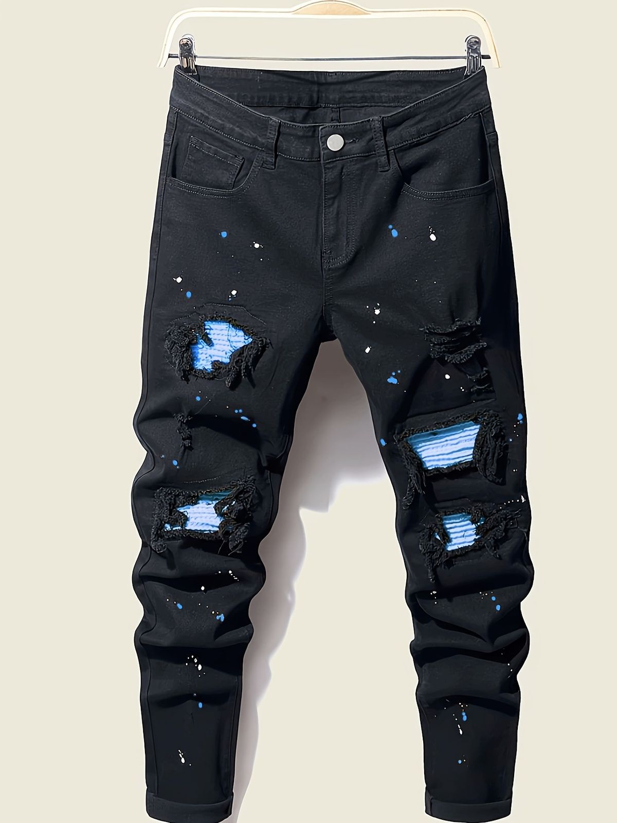 Men's Slim Fit Ink Splashed Patchwork Color Matching Skinny Pants New Men's Paint Jeans_viptrois.com