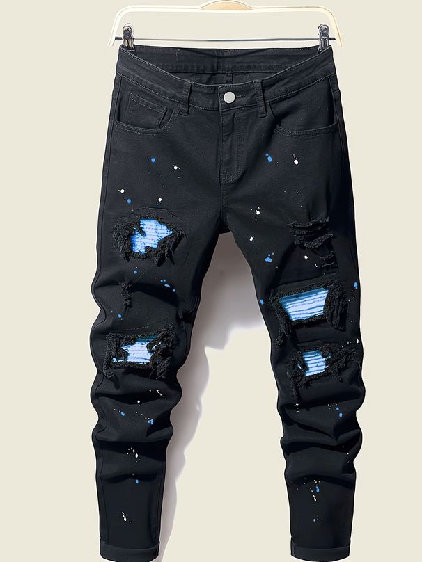 Men's Slim Fit Ink Splashed Patchwork Color Matching Skinny Pants New Men's Paint Jeans_viptrois.com