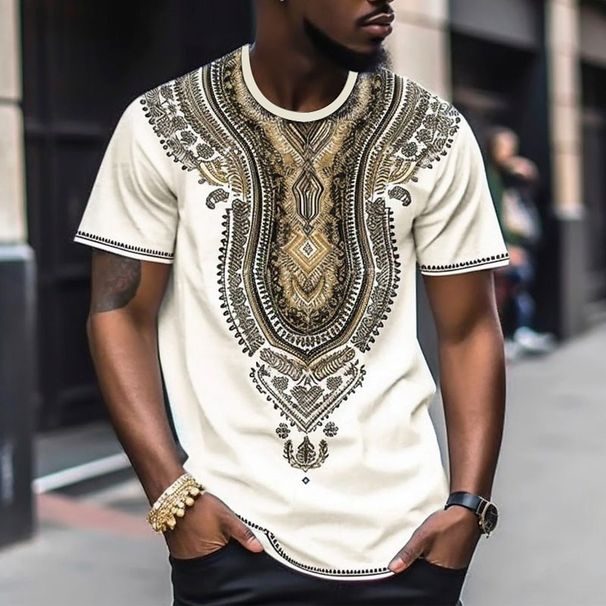 Men's 3D Printed Color Block T-Shirt - African Tribal Pattern Round Neck Short Sleeve Casual Top_viptrois.com