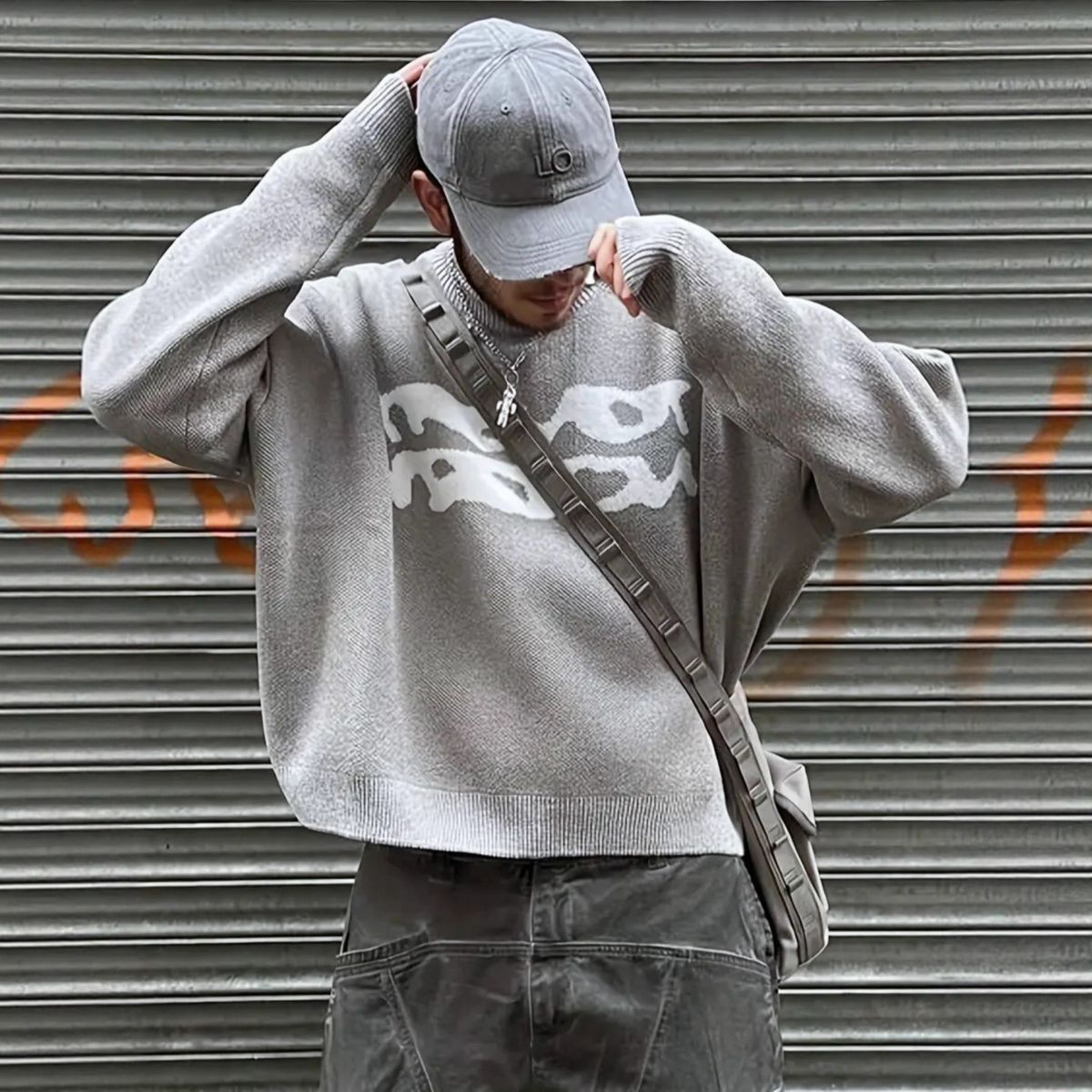 Harajuku-Inspired Casual Pullover Sweater – Artistic Jacquard Knit, Oversized Round Neck For Winter & Fall (Sizes S-XXL, Grey/Black)_viptrois.com