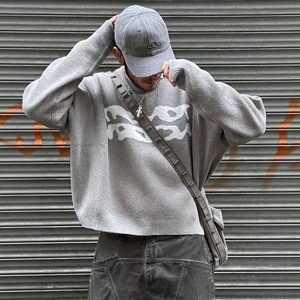 Harajuku-Inspired Casual Pullover Sweater – Artistic Jacquard Knit, Oversized Round Neck For Winter & Fall (Sizes S-XXL, Grey/Black)_viptrois.com