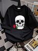 Skull Head Face Red Rose Rock N Roll Cool Skeleton T-Shirt Women Stretched Designer Clothes Casual Unisex Summer Comfortable Female Slightly Top For Everyday Wear Versatile Stylish Breathable T-Shirt For Women Casual Print Round Neck Short Sleeve_viptrois.com