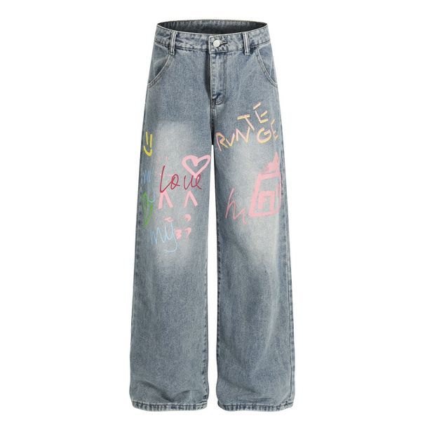 American High Street Graffiti Letter Print Washed Denim Wide-Leg Men's Punk Vibe Trend Loose Straight Long Pants_viptrois.com