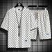 Set Of Men's Fasable Plaid Short Sleeved T-shirt, Summer New Youth Quick Drying Ultra-thin Shorts, Two-piece Set_viptrois.com