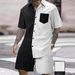 Men's Summer Casual Outfit Short Sleeve Lapel Shirt And Shorts Set Solid Color with Color Block Pocket_viptrois.com