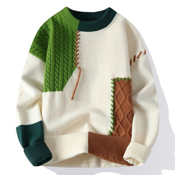 New color blocking round neck sweater for men in autumn and winter, knitted sweater for men in lazy winter style, loose fitting sweater jacket_viptrois.com