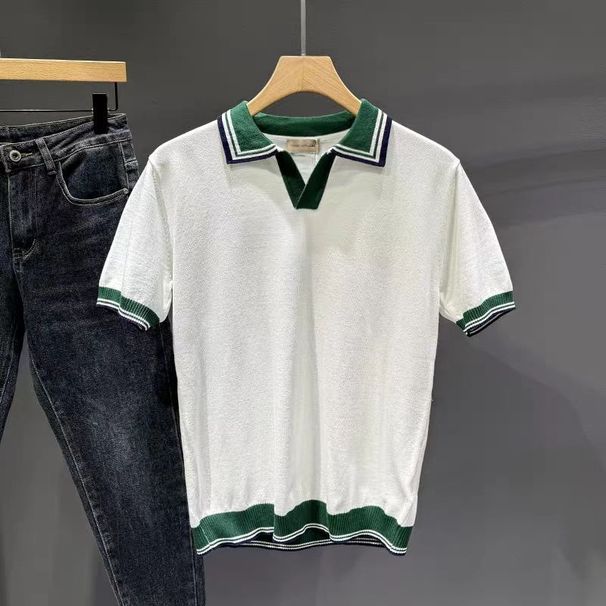 Men's Clothing Knitted V Neck Polo Shirt Color Matching Light Mature Retro Summer Short Sleeved Handsome Casual Men's T Shirt New Tops_viptrois.com