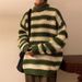 New autumn and winter retro light mature style loose round neck retro striped knitted sweater_viptrois.com