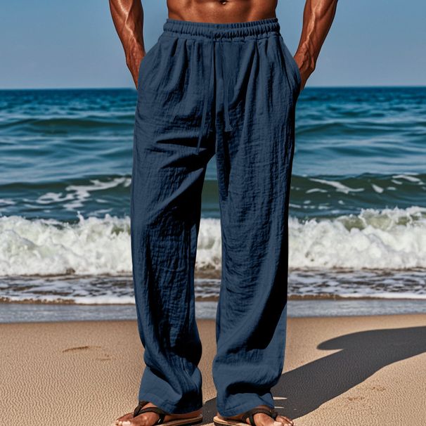 Men's Clothing Cotton And Linen Loose Large Size Loose Solid Color Casual Lace Up Trousers_viptrois.com