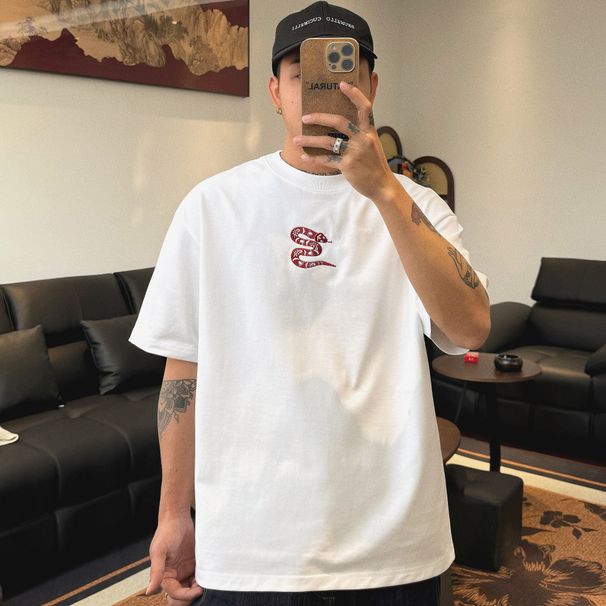 2025 Year Of The Snake Printed T-shirt Trendy Summer New Short-sleeved Boys Pure Cotton Round Neck Half-sleeved T-shirt Couple_viptrois.com