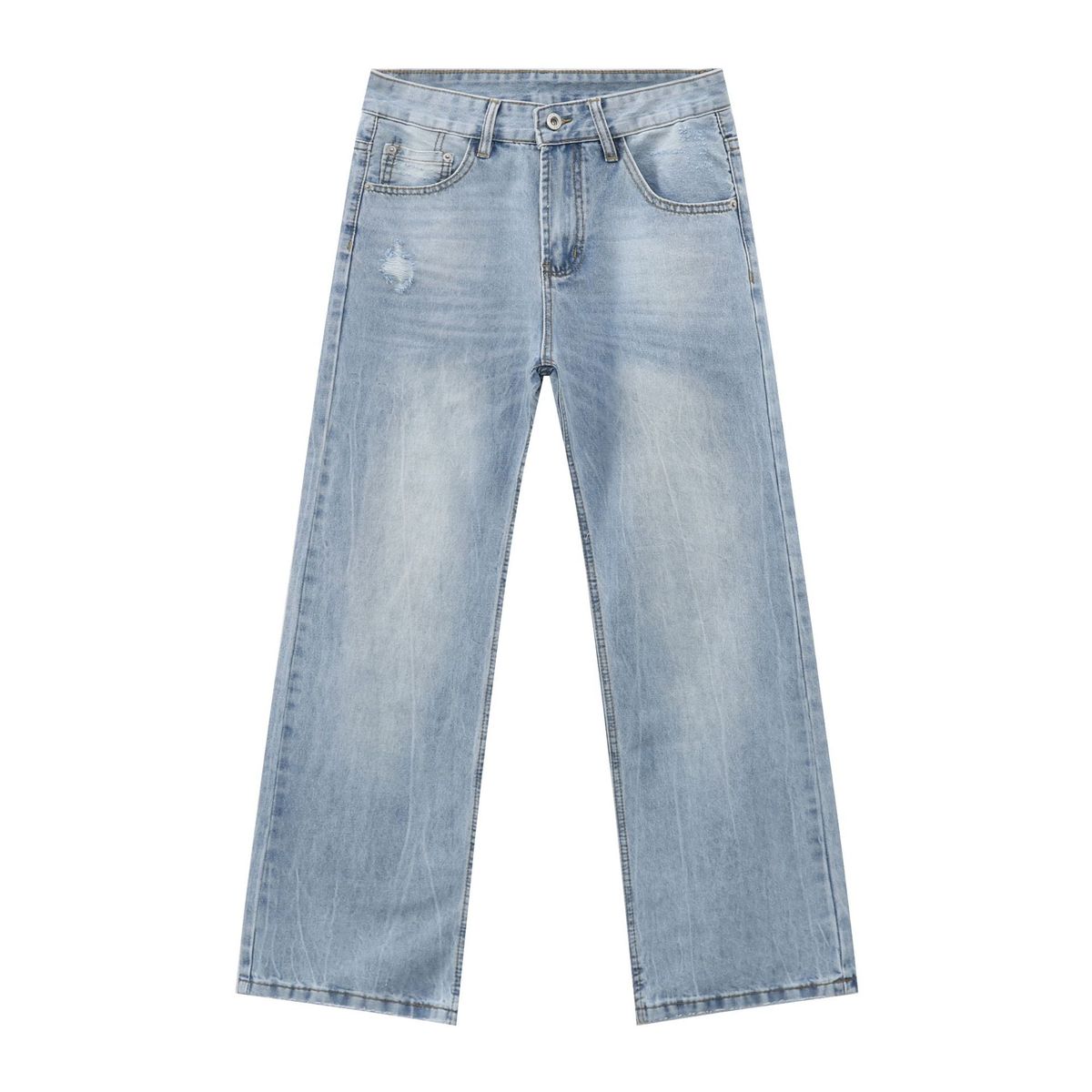 Men's Clothing Denim Retro Washed Blue Ripped Jeans Men's Simple And Versatile Loose Wide Leg Trousers_viptrois.com