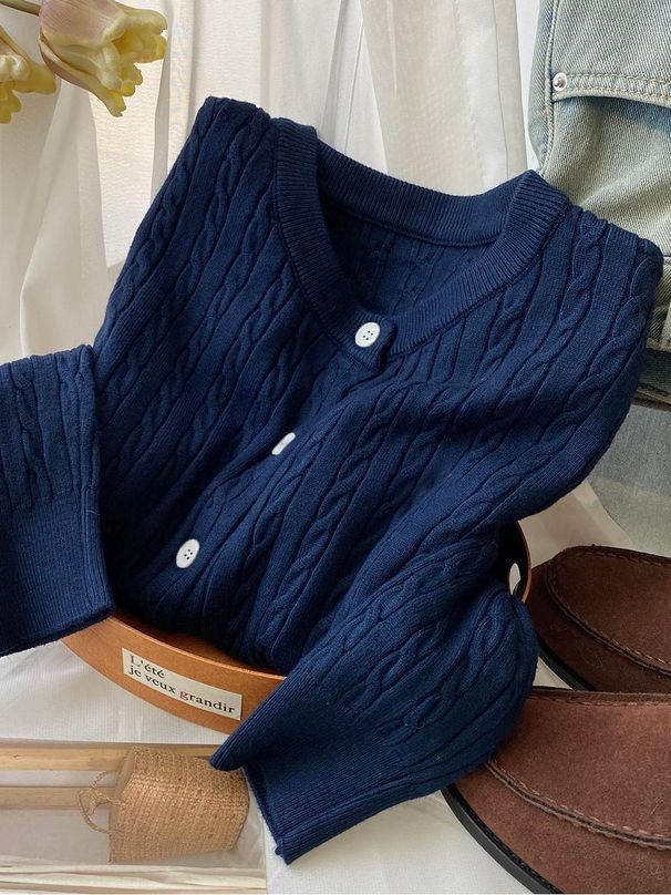 Casual Old Money Style Pony Embroidery Cable Knit Cardigan For Women Autumn Winter Early Spring Round Neck Sweater Coat_viptrois.com