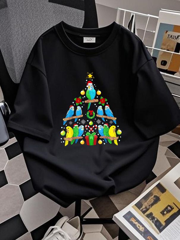 NEW! Budgie Christmas Tree Bird Christmas Present T-Shirt Comfortable Stylish Top For Everyday Wear Graphic Breathable Casual Fashion Stretched_viptrois.com