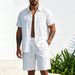 Men's Summer Linen Jacquard Shirt And Beach Shorts Set Loose Striped Short Sleeved Cross Border European American Style_viptrois.com