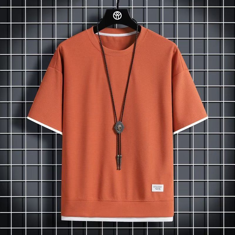 Men's Clothing Shirts And Clothing Waffle Round Neck Short Sleeves Two Piece Loose Large Size Ice Silk Thin Five Point Sleeves_viptrois.com