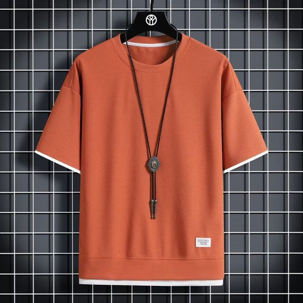 Men's Clothing Shirts And Clothing Waffle Round Neck Short Sleeves Two Piece Loose Large Size Ice Silk Thin Five Point Sleeves_viptrois.com