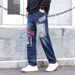 "Men's Distressed Wide-Leg Denim Pants – Fleece-Lined, Loose Fit, Patchwork Design (Blue/Black, Sizes 28-38)"_viptrois.com