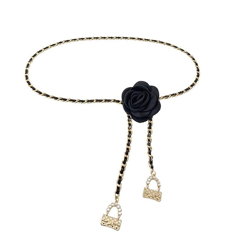 Fashion Black And White Camellia Waist For Women High-End Style Pearl Flower Chain Belt To Match Dress_viptrois.com