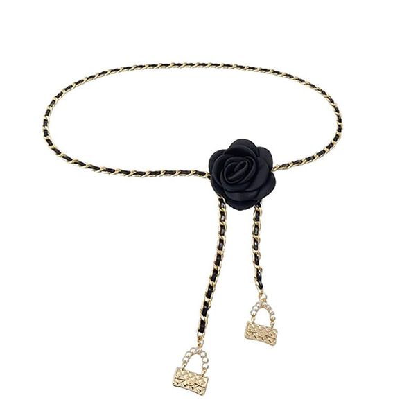 Fashion Black And White Camellia Waist For Women High-End Style Pearl Flower Chain Belt To Match Dress_viptrois.com