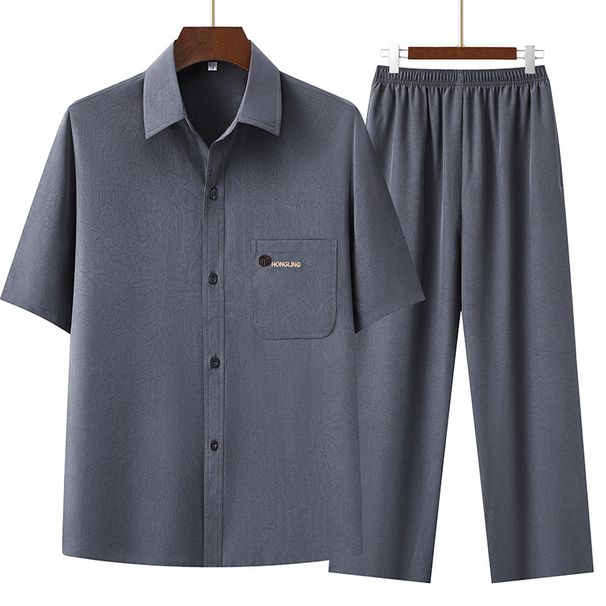 Men's Clothing Summer Shirt Suit Dad Grandpa Casual Loose Short Sleeved Lapel Shirt Two Piece Suit_viptrois.com