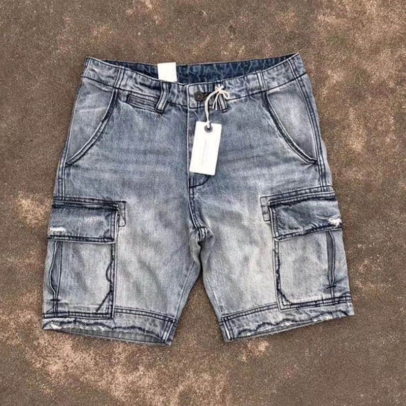 Men's Clothing Retro Old Tough Guy Style Multi Pocket Elastic Workwear Denim Shorts Men's Loose Straight Shorts_viptrois.com