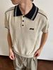 EME Men's Miu Style Turn-Down Collar Summer New Embroidered Crochet Texture Mixed Floral Linen Short Sleeve Knit Shirt_viptrois.com