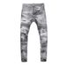 Men's Clothing Street Fashion Jeans Men's Light Gray Washed Hole Patch Paint Trendy Brand Elastic Tight Skinny Pants Men_viptrois.com