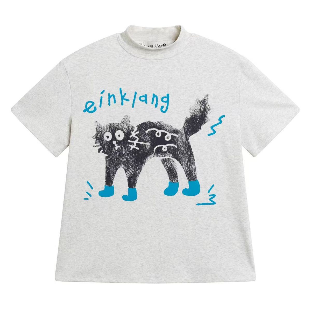 Men's Clothing Fun Cat Cartoon Small High Collar Short Sleeve T Shirt Women's Summer Design Short Slim Shoulder Top Trend_viptrois.com