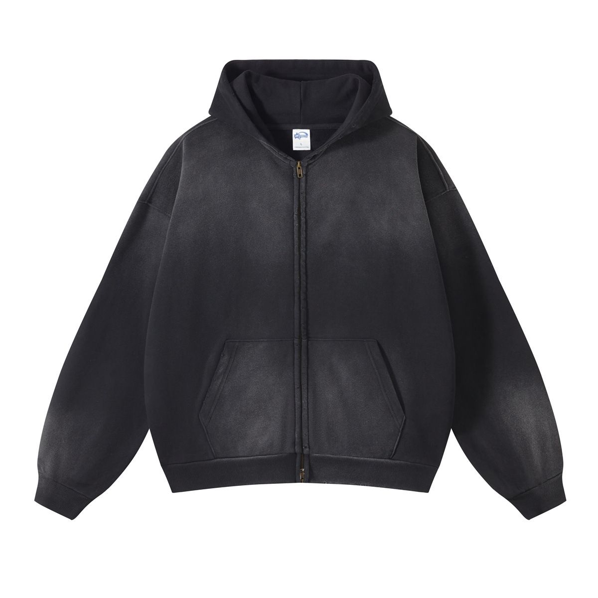 Men's Clothing High-Street Washed Gradient Zip Hoodie – 420g Heavyweight Distressed Cotton, Drop Shoulder, Dual-Zip Unisex Oversized Fit_viptrois.com