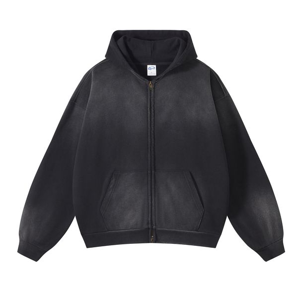 Men's Clothing High-Street Washed Gradient Zip Hoodie – 420g Heavyweight Distressed Cotton, Drop Shoulder, Dual-Zip Unisex Oversized Fit_viptrois.com