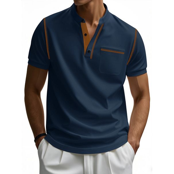 Men’s Retro Contrast Color Short-Sleeve Henley Polo Shirt – Breathable Loose Fit Casual & Commuter Top (S-XXXL, 6 Colors)_viptrois.com