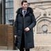 Men’s Long Down Coat With Fur Collar – Knee-Length, 95% White Duck Down, Machine Washable (Black/Blue/Gray)_viptrois.com