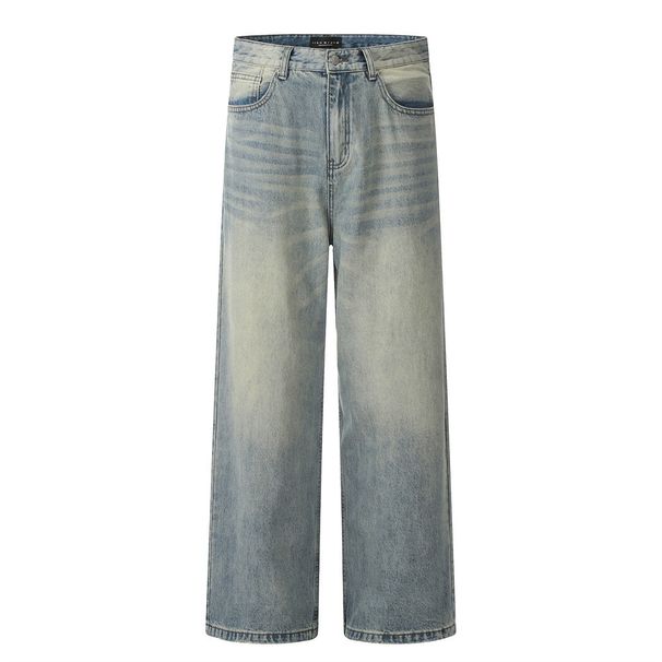 Distressed Washed Jeans Men's Dad Trendy Punk Handmade Frayed Loose Wide-Leg Straight Long Pants_viptrois.com