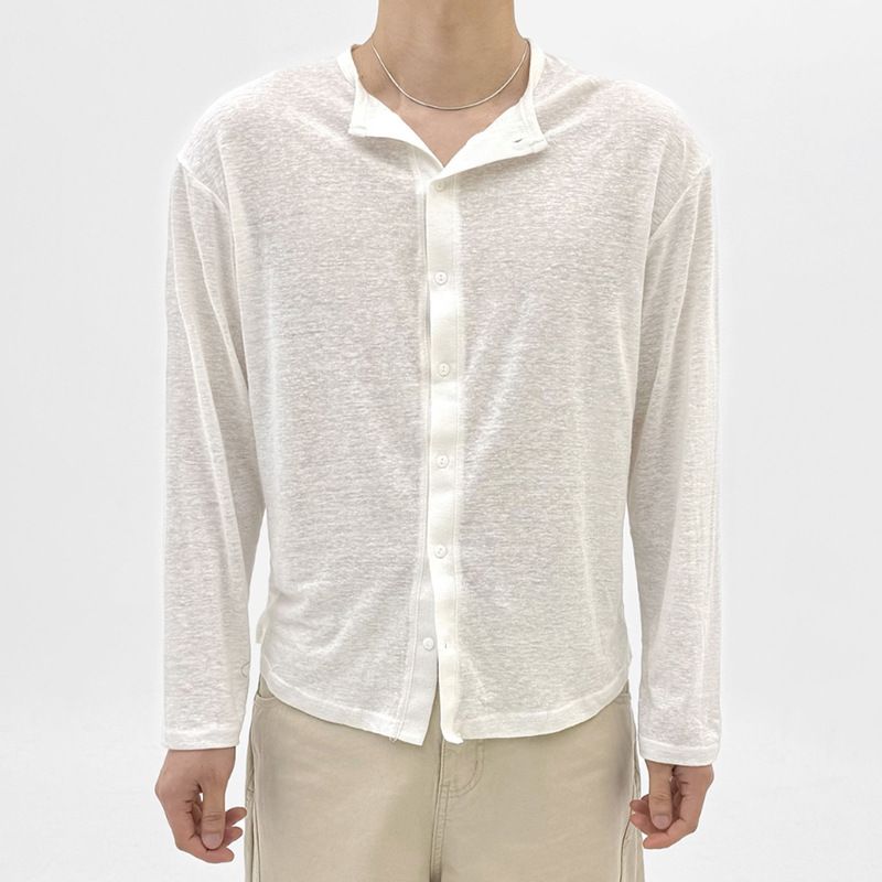 Men's Clothing Casual Micro Perspective Single Breasted Round Neck Long Sleeved Shirt Thin Cardigan_viptrois.com