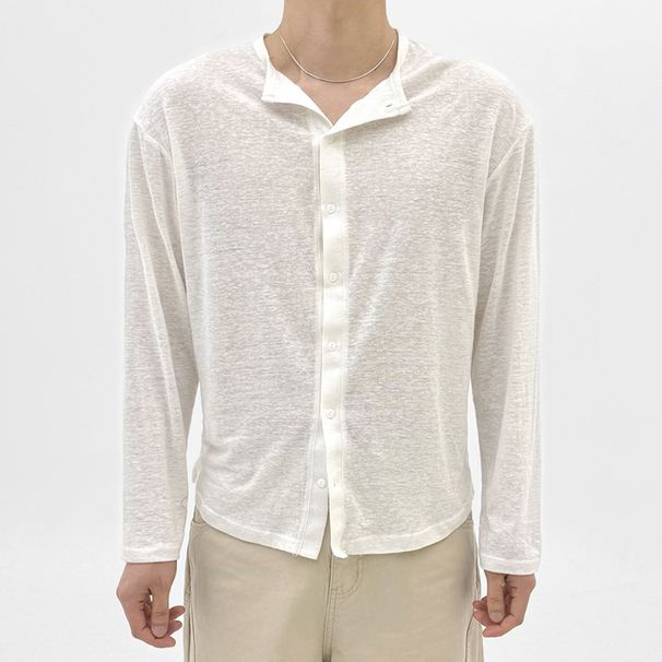 Men's Clothing Casual Micro Perspective Single Breasted Round Neck Long Sleeved Shirt Thin Cardigan_viptrois.com