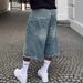 Men's Clothing Retro Washed High Street Denim Shorts Straight Wide Leg Distressed Loose Casual Versatile Cropped Pants_viptrois.com