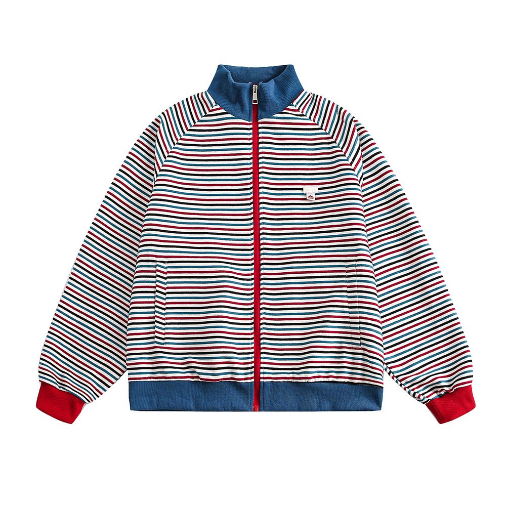 Color Block Striped Stand Collar Knitted Sweatshirt Jacket Sports Loose Casual Spring Autumn Unisex Long Sleeve American_viptrois.com
