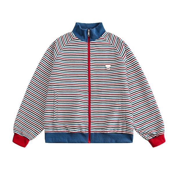 Color Block Striped Stand Collar Knitted Sweatshirt Jacket Sports Loose Casual Spring Autumn Unisex Long Sleeve American_viptrois.com